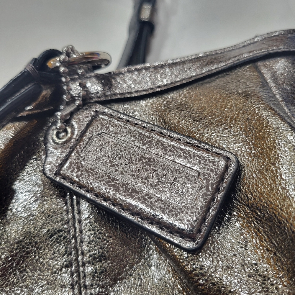 Coach Metallic Silver Gray Leather Handbag Zipper Tote Shoulder Bag - Picture 8 of 14